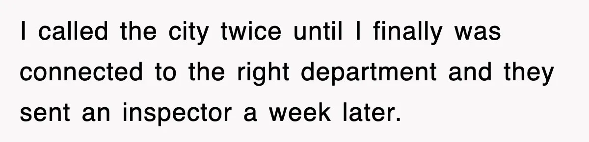 I called the city twice until I finally was connected to the right department and they sent an inspector a week later.