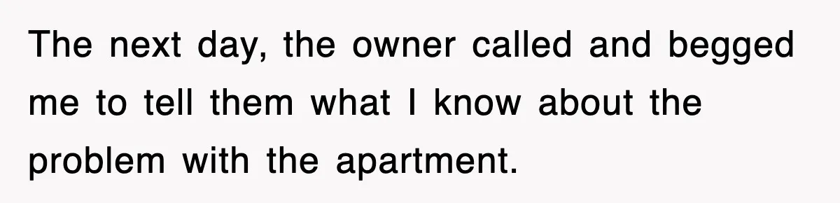 The next day, the owner called and begged me to tell them what I know about the problem with the apartment.