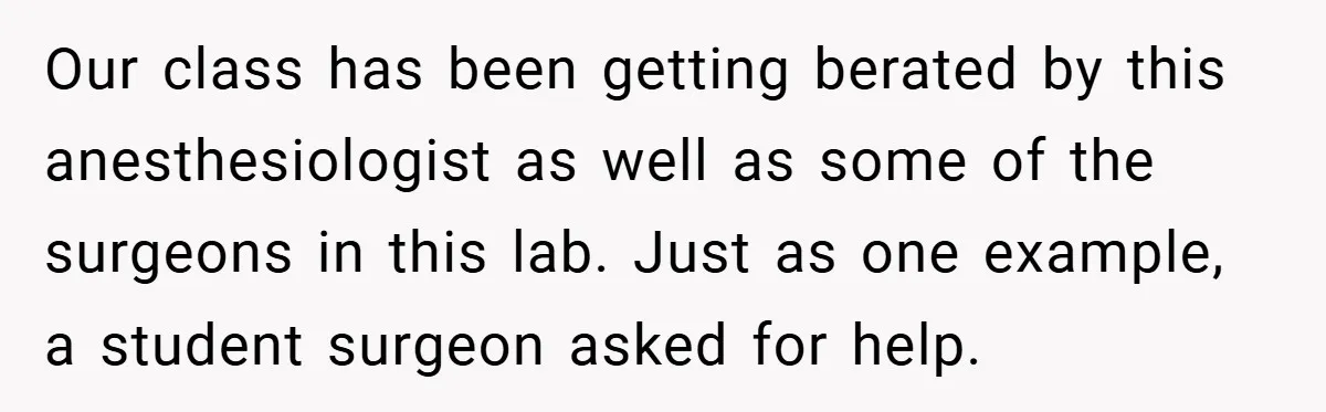 Our class has been getting berated by this anesthesiologist as well as some of the surgeons in this lab. Just as one example, a student surgeon asked for help.