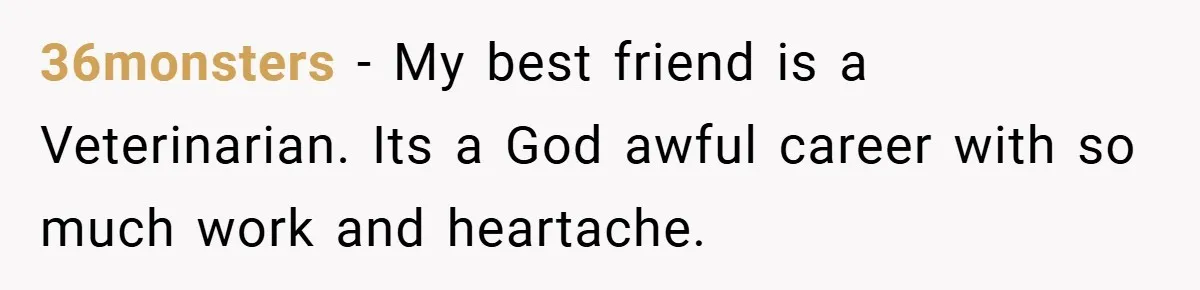 36monsters − My best friend is a Veterinarian. Its a God awful career with so much work and heartache.