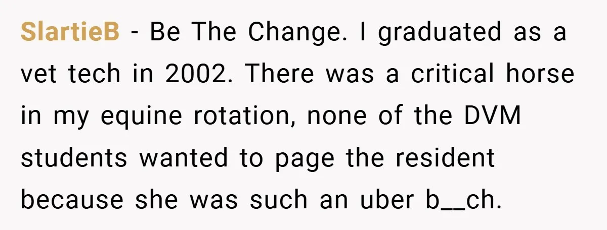 SlartieB − Be The Change. I graduated as a vet tech in 2002. There was a critical horse in my equine rotation, none of the DVM students wanted to page...