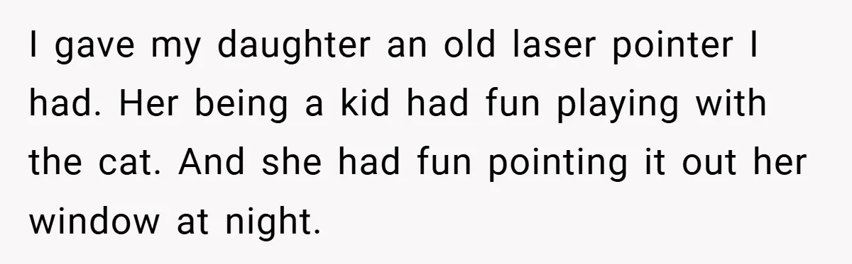 I gave my daughter an old laser pointer I had. Her being a kid had fun playing with the cat. And she had fun pointing it out her window at...
