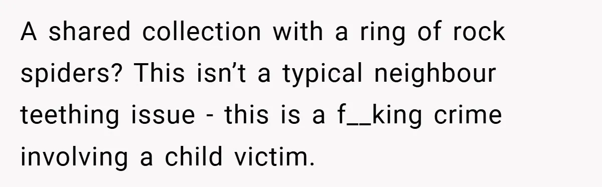 A shared collection with a ring of rock spiders? This isn’t a typical neighbour teething issue - this is a f__king crime involving a child victim.