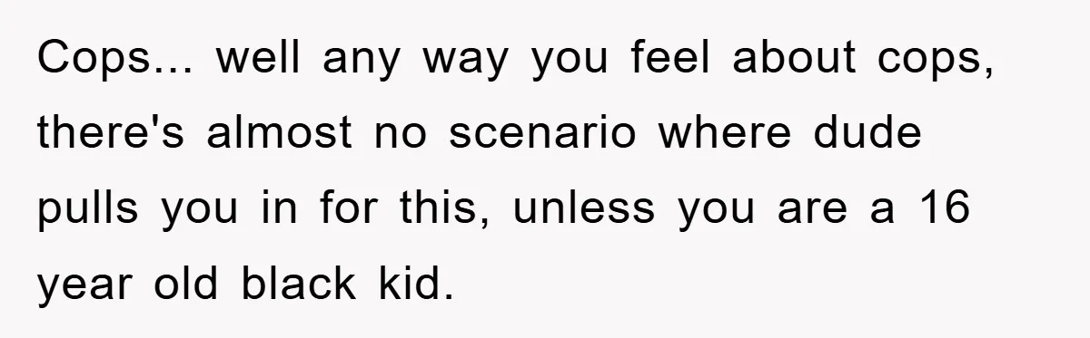 Cops... well any way you feel about cops, there's almost no scenario where dude pulls you in for this, unless you are a 16 year old black kid.
