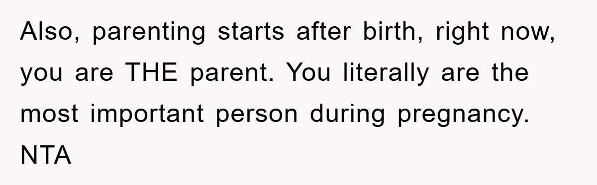 Also, parenting starts after birth, right now, you are THE parent. You literally are the most important person during pregnancy. NTA