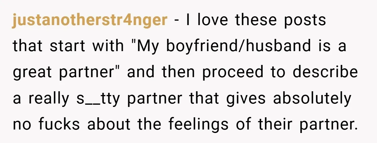 justanotherstr4nger − I love these posts that start with "My boyfriend/husband is a great partner" and then proceed to describe a really s__tty partner that gives absolutely no fucks about...