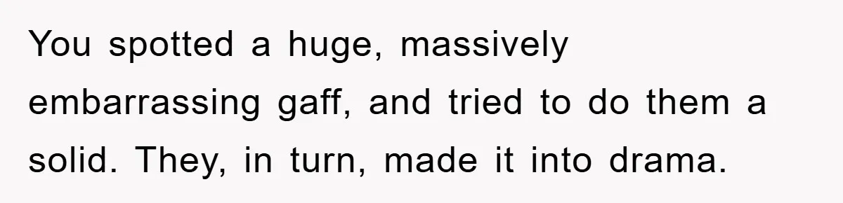 You spotted a huge, massively embarrassing gaff, and tried to do them a solid. They, in turn, made it into drama.