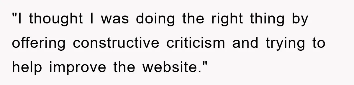 "I thought I was doing the right thing by offering constructive criticism and trying to help improve the website."