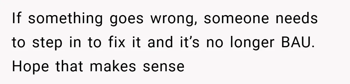 If something goes wrong, someone needs to step in to fix it and it’s no longer BAU. Hope that makes sense