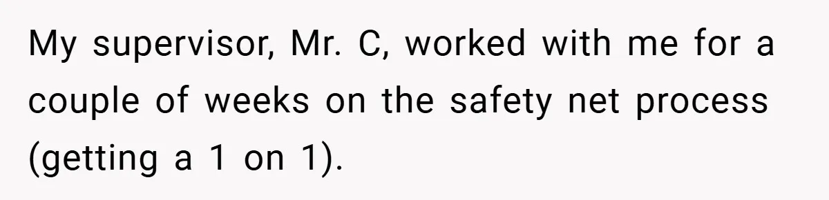 My supervisor, Mr. C, worked with me for a couple of weeks on the safety net process (getting a 1 on 1).