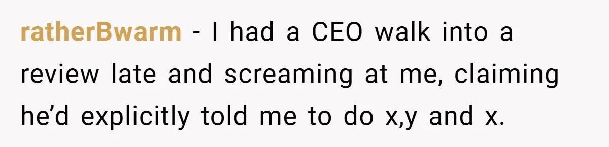 ratherBwarm − I had a CEO walk into a review late and screaming at me, claiming he’d explicitly told me to do x,y and x.