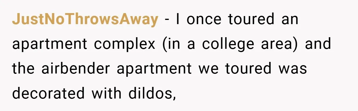 JustNoThrowsAway − I once toured an apartment complex (in a college area) and the airbender apartment we toured was decorated with dildos,