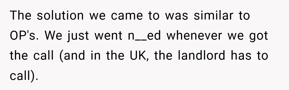 The solution we came to was similar to OP's. We just went n__ed whenever we got the call (and in the UK, the landlord has to call).