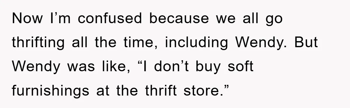 Woman Thought She Was Being Thoughtful, Friend Calls Her ‘Too Clumsy To Live’ Over A Pillow Now I’m confused because we all go thrifting all the time, including Wendy. But Wendy was like, “I don’t buy soft furnishings at the thrift store.”