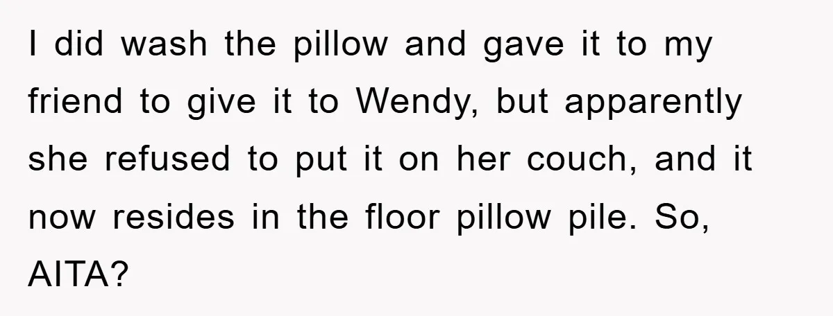 Woman Thought She Was Being Thoughtful, Friend Calls Her ‘Too Clumsy To Live’ Over A Pillow I did wash the pillow and gave it to my friend to give it to Wendy, but apparently she refused to put it on her couch, and it now resides...