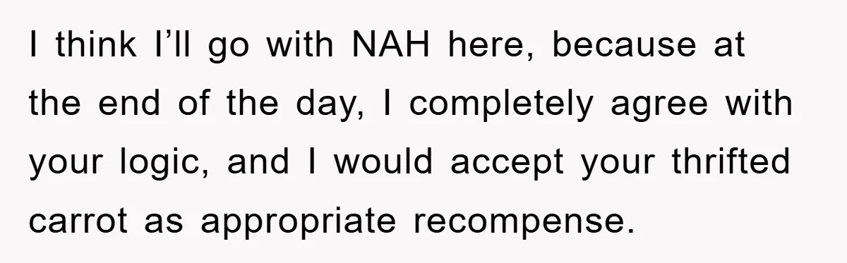 Woman Thought She Was Being Thoughtful, Friend Calls Her ‘Too Clumsy To Live’ Over A Pillow I think I’ll go with NAH here, because at the end of the day, I completely agree with your logic, and I would accept your thrifted carrot as appropriate recompense.