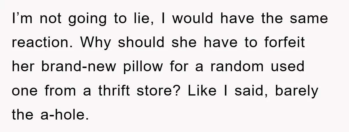 Woman Thought She Was Being Thoughtful, Friend Calls Her ‘Too Clumsy To Live’ Over A Pillow I’m not going to lie, I would have the same reaction. Why should she have to forfeit her brand-new pillow for a random used one from a thrift store? Like...
