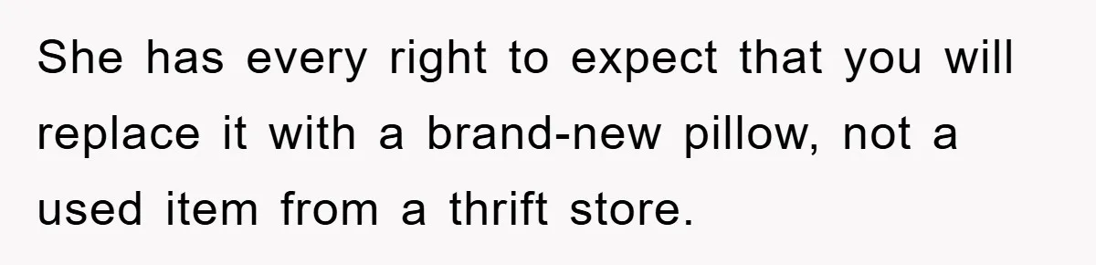 Woman Thought She Was Being Thoughtful, Friend Calls Her ‘Too Clumsy To Live’ Over A Pillow She has every right to expect that you will replace it with a brand-new pillow, not a used item from a thrift store.