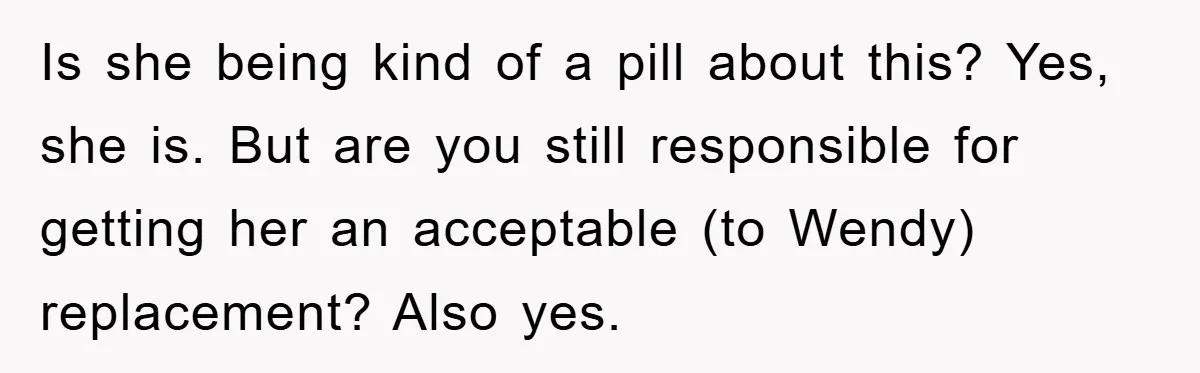 Woman Thought She Was Being Thoughtful, Friend Calls Her ‘Too Clumsy To Live’ Over A Pillow Is she being kind of a pill about this? Yes, she is. But are you still responsible for getting her an acceptable (to Wendy) replacement? Also yes.