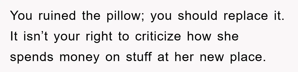 Woman Thought She Was Being Thoughtful, Friend Calls Her ‘Too Clumsy To Live’ Over A Pillow You ruined the pillow; you should replace it. It isn’t your right to criticize how she spends money on stuff at her new place.
