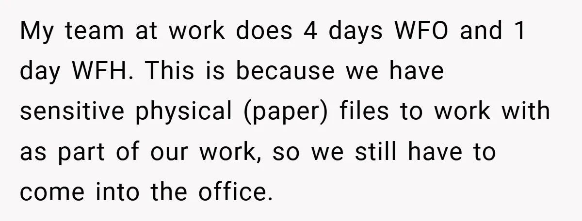 My team at work does 4 days WFO and 1 day WFH. This is because we have sensitive physical (paper) files to work with as part of our work, so...