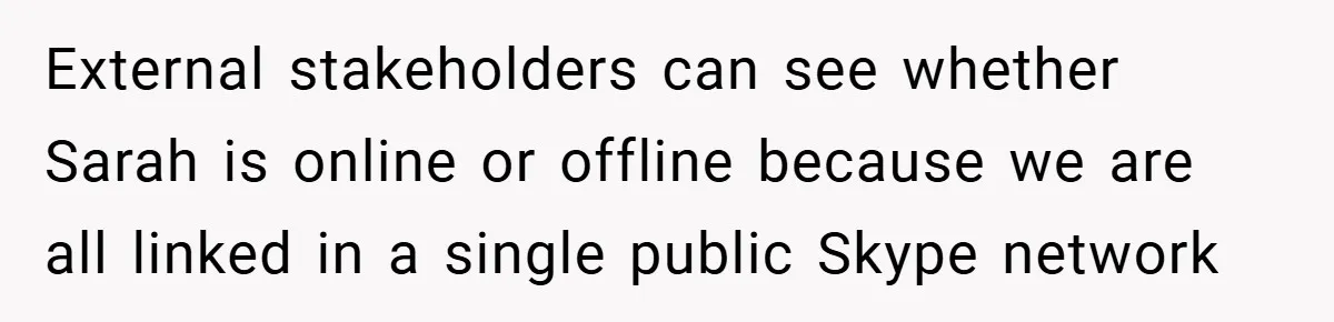 External stakeholders can see whether Sarah is online or offline because we are all linked in a single public Skype network
