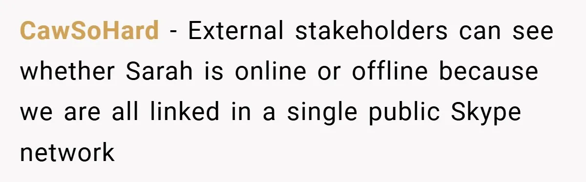 CawSoHard − External stakeholders can see whether Sarah is online or offline because we are all linked in a single public Skype network