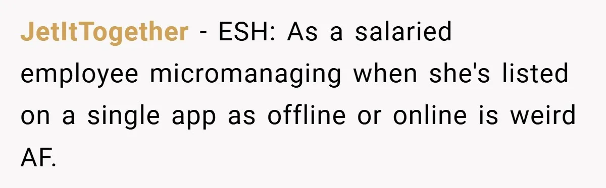 JetItTogether − ESH: As a salaried employee micromanaging when she's listed on a single app as offline or online is weird AF.