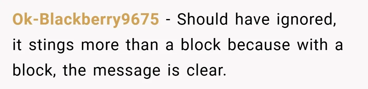 Ok-Blackberry9675 − Should have ignored, it stings more than a block because with a block, the message is clear.