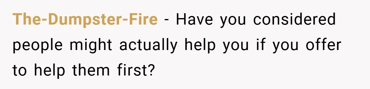The-Dumpster-Fire − Have you considered people might actually help you if you offer to help them first?