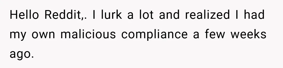 Hello Reddit,. I lurk a lot and realized I had my own malicious compliance a few weeks ago.