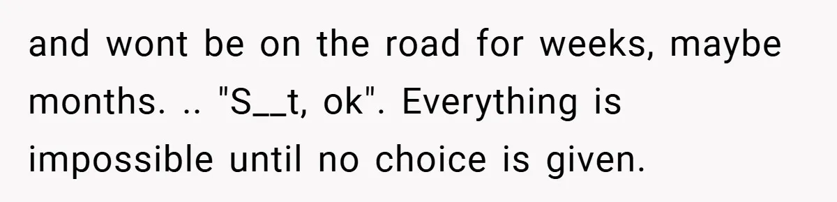 and wont be on the road for weeks, maybe months. .. "S__t, ok". Everything is impossible until no choice is given.