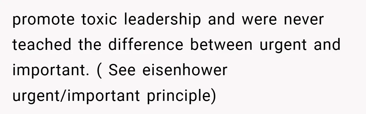 promote toxic leadership and were never teached the difference between urgent and important. ( See eisenhower urgent/important principle)