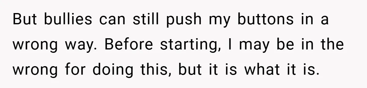 But bullies can still push my buttons in a wrong way. Before starting, I may be in the wrong for doing this, but it is what it is.