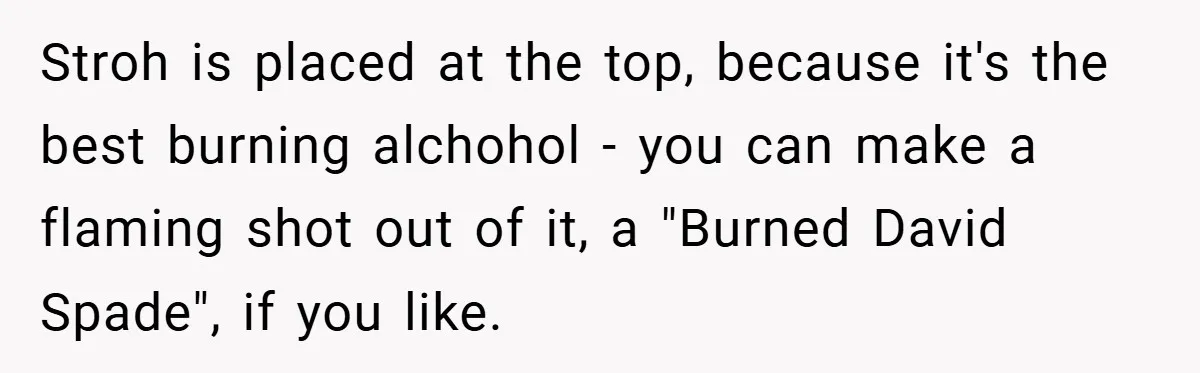 Stroh is placed at the top, because it's the best burning alchohol - you can make a flaming shot out of it, a "Burned David Spade", if you like.