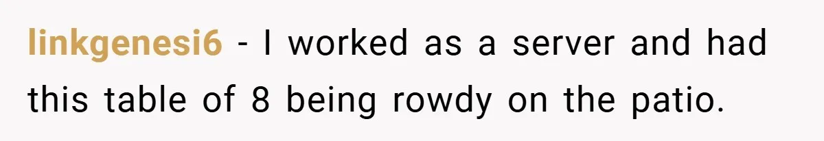 linkgenesi6 − I worked as a server and had this table of 8 being rowdy on the patio.