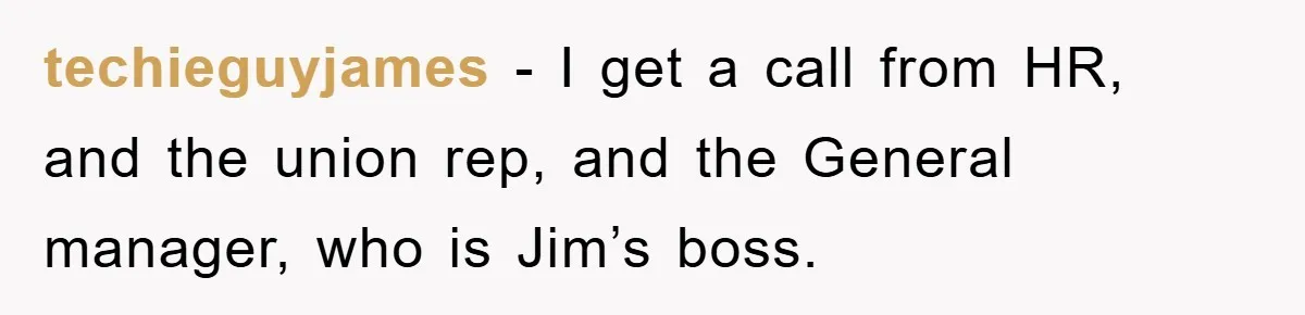 Manager Threatened To Fire Worker, She Quits Early And Chaos Ensues techieguyjames − I get a call from HR, and the union rep, and the General manager, who is Jim’s boss.