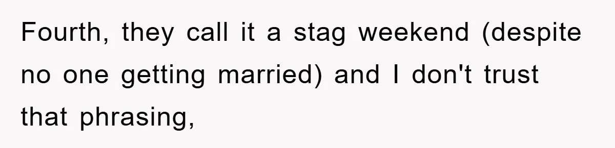 Fourth, they call it a stag weekend (despite no one getting married) and I don't trust that phrasing,