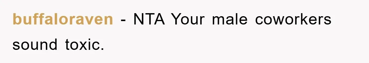 buffaloraven − NTA Your male coworkers sound toxic.