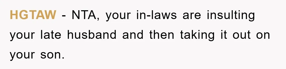 HGTAW − NTA, your in-laws are insulting your late husband and then taking it out on your son.