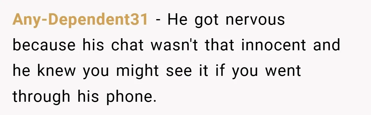 Any-Dependent31 − He got nervous because his chat wasn't that innocent and he knew you might see it if you went through his phone.