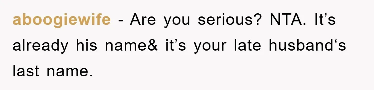 aboogiewife − Are you serious? NTA. It’s already his name& it’s your late husband‘s last name.