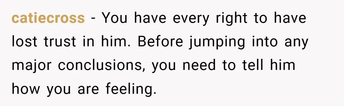 catiecross − You have every right to have lost trust in him. Before jumping into any major conclusions, you need to tell him how you are feeling.