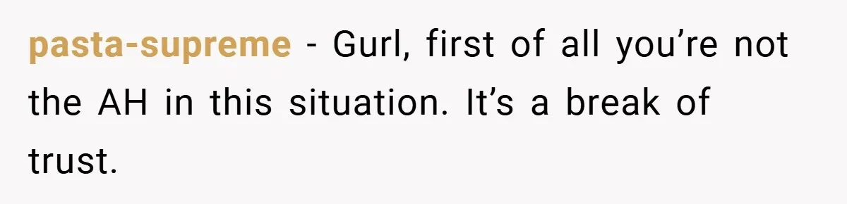 pasta-supreme − Gurl, first of all you’re not the AH in this situation. It’s a break of trust.