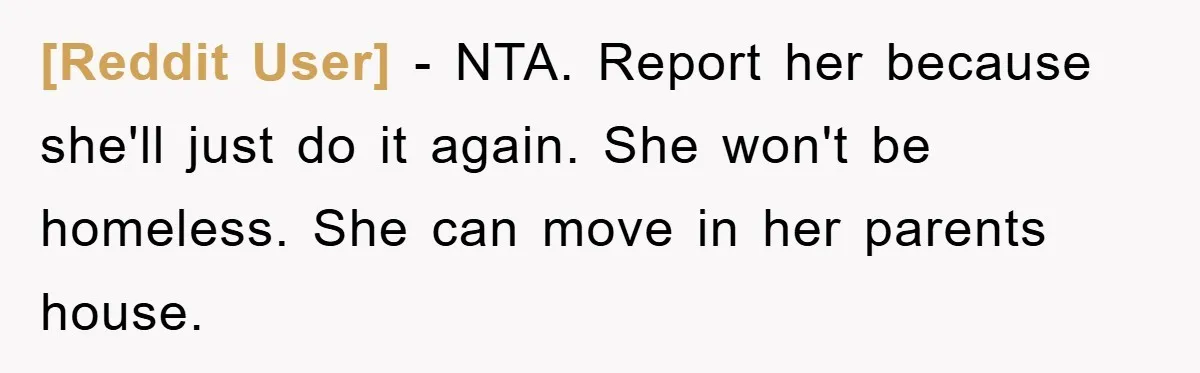 [Reddit User] − NTA. Report her because she'll just do it again. She won't be homeless. She can move in her parents house.