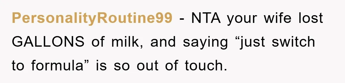 PersonalityRoutine99 − NTA your wife lost GALLONS of milk, and saying “just switch to formula” is so out of touch.
