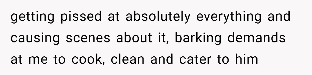 getting pissed at absolutely everything and causing scenes about it, barking demands at me to cook, clean and cater to him