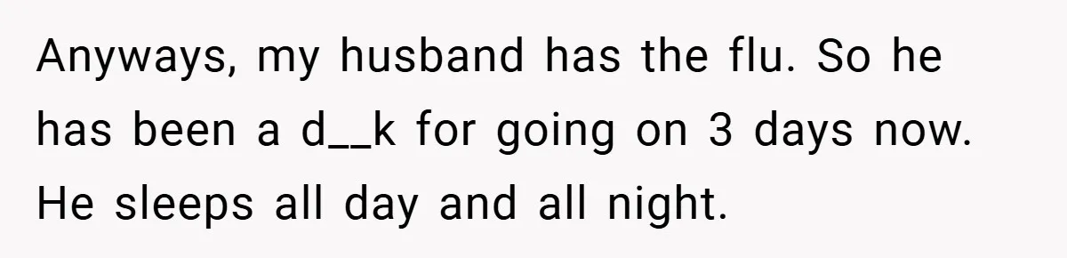 Anyways, my husband has the flu. So he has been a d__k for going on 3 days now. He sleeps all day and all night.