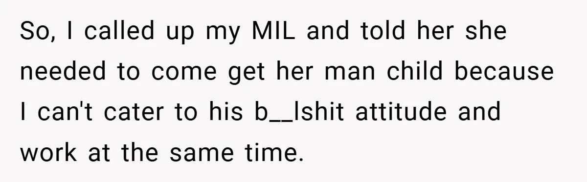 So, I called up my MIL and told her she needed to come get her man child because I can't cater to his b__lshit attitude and work at the same...