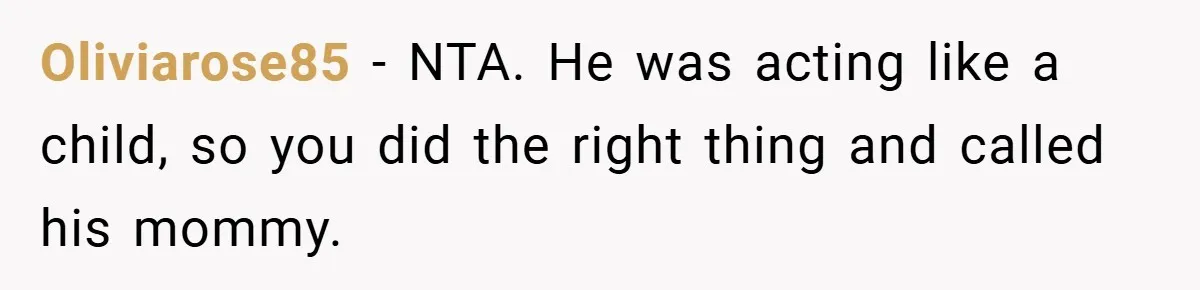 Oliviarose85 − NTA. He was acting like a child, so you did the right thing and called his mommy.